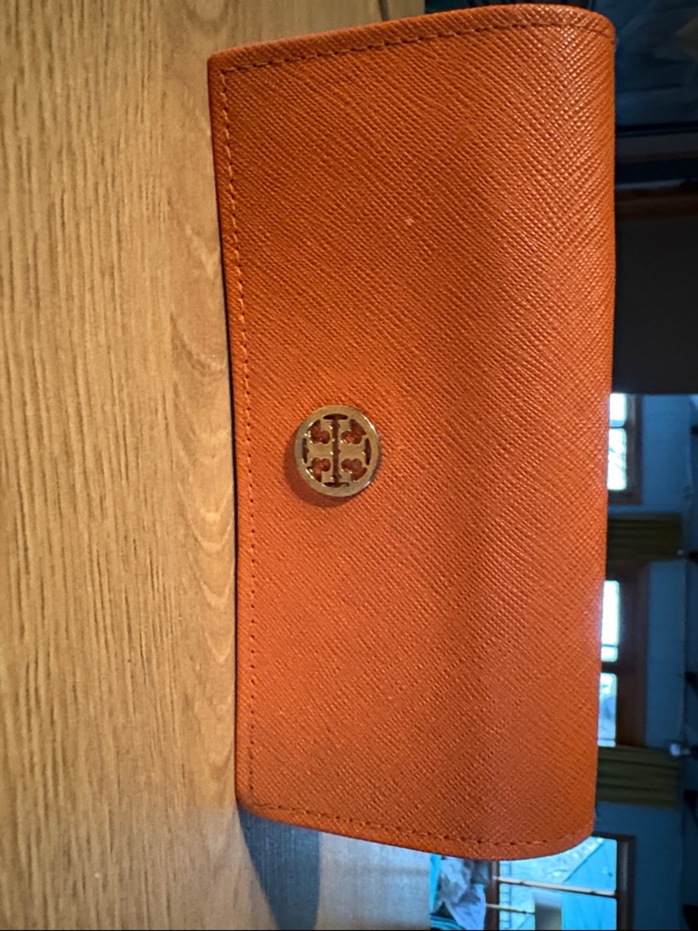 Tory Burch Orange Saffiano Leather eyeglass or sunglass case with Logo Medallion